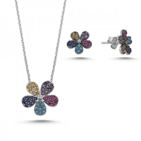 Set argint 925 rodiat cu floricele si zirconii multicolore - Be Nature STU0003 [0]